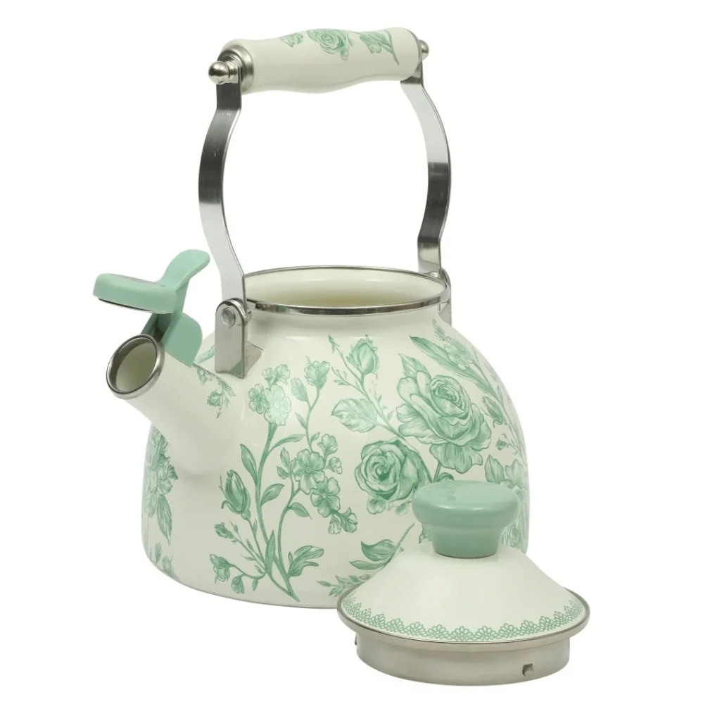 ❤️ 2025 The Pioneer Woman Agatha  Green and White Floral Whistling Tea Kettle